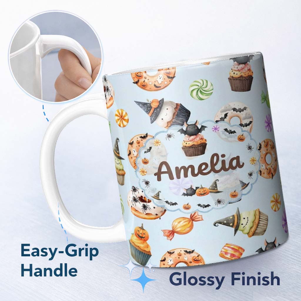 Personalized Custom Name Cute Halloween Donuts Cupcakes Bats and Candy Pastel Blue Background 11oz Ceramic Coffee Tea Mug White Large Handle