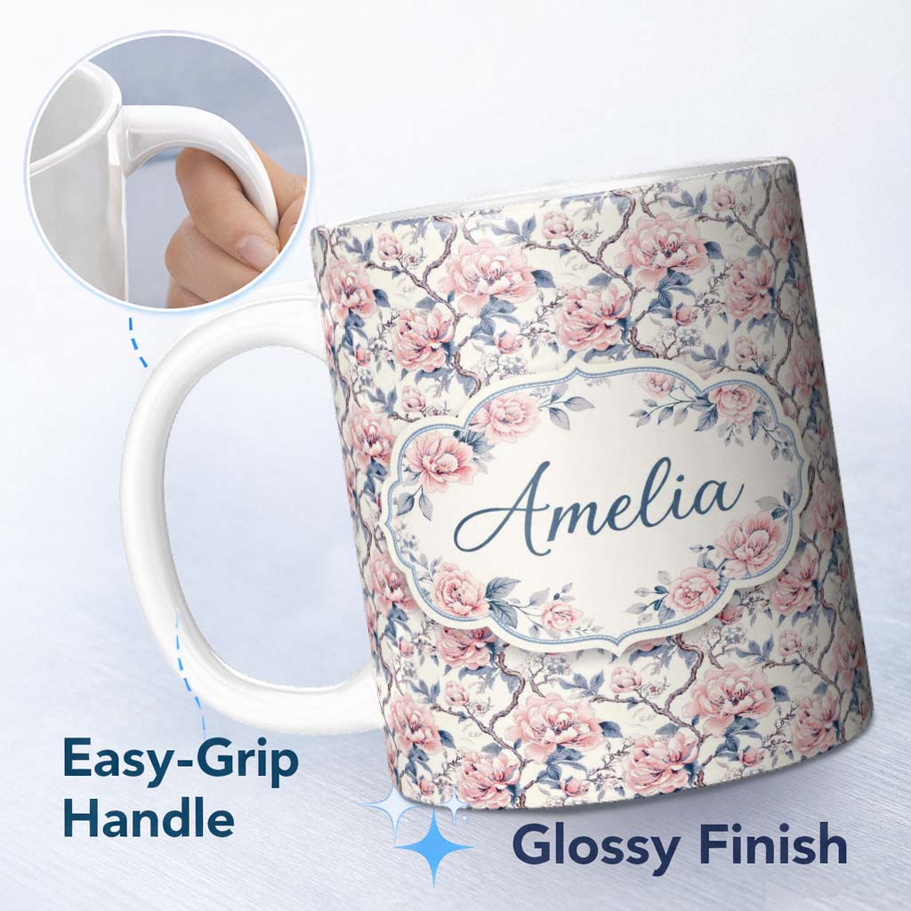 Personalized Custom Name Vintage Pink Peony Floral Branch Seamless Pattern Cute Unique Gift 11oz Ceramic Coffee Tea Mug White Large Handle
