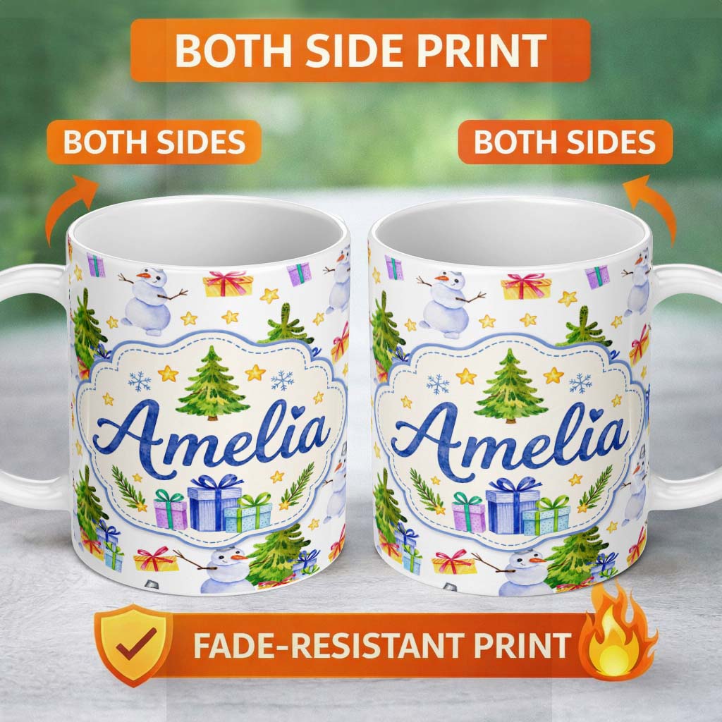Personalized Custom Name Watercolor Snowman Christmas Tree Gift Box Star Seamless Pattern 11oz Ceramic Coffee Tea Mug White Large Handle