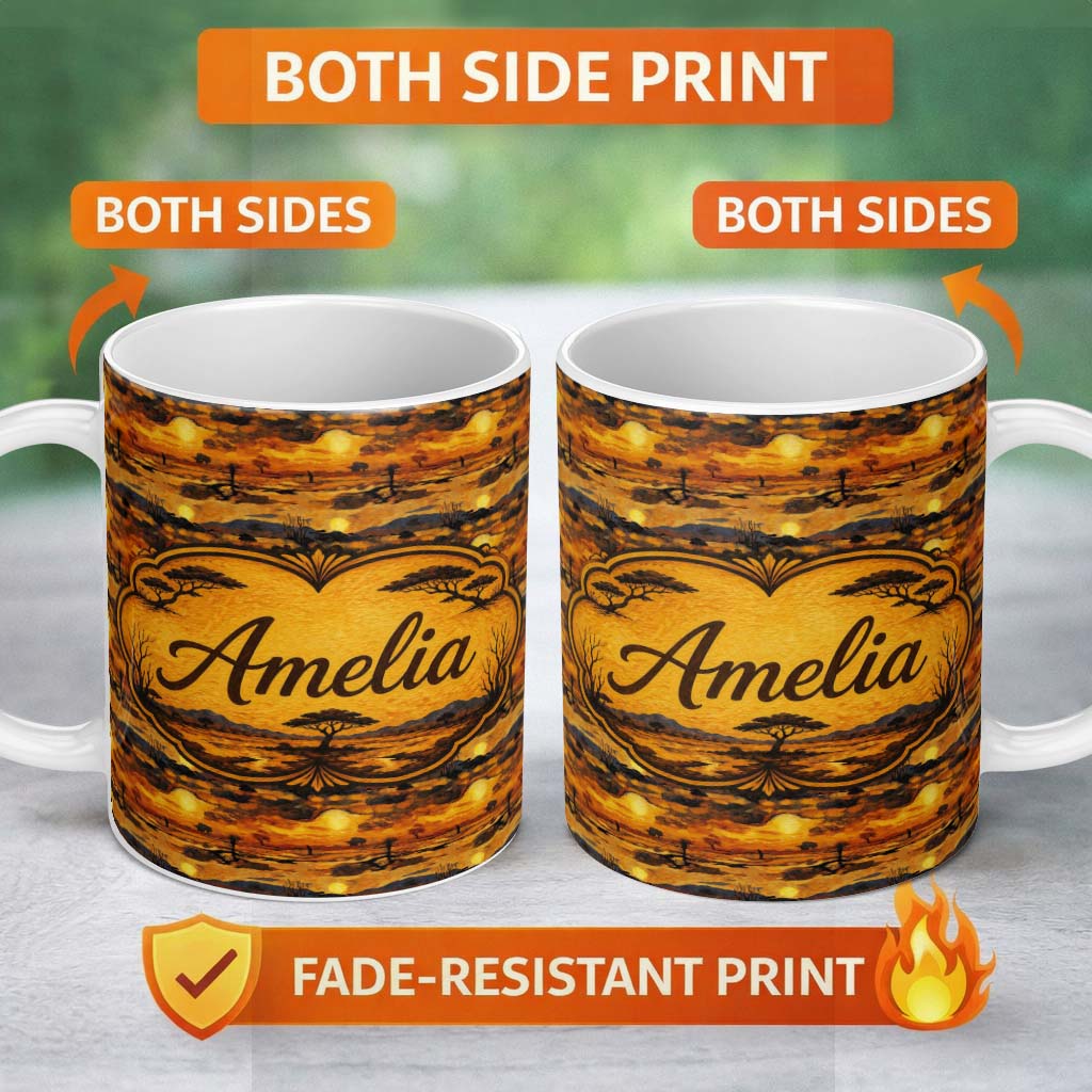 Personalized Custom Name Textured African Landscape with Sunset Scene and Silhouettes in Warm 11oz Ceramic Coffee Tea Mug White Large Handle