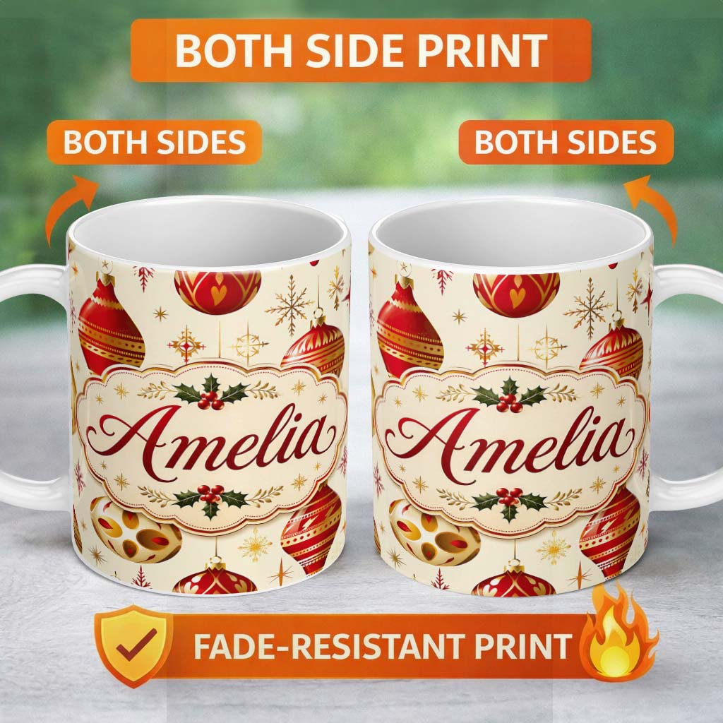 Personalized Custom Name Elegant Red Gold Christmas Baubles Snowflakes Festive Holiday Design 11oz Ceramic Coffee Tea Mug White Large Handle