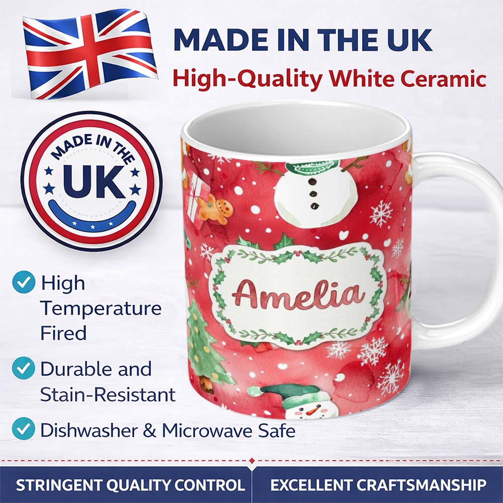 Personalized Custom Name Watercolor Gingerbread Cookie Gift Holly Snowflake Christmas Lovely 11oz Ceramic Coffee Tea Mug White Large Handle