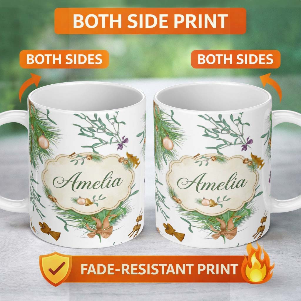 Personalized Custom Name Elegant Christmas Pine Branch Mistletoe Ornament Bells Seamless 11oz Ceramic Coffee Tea Mug White Large Handle