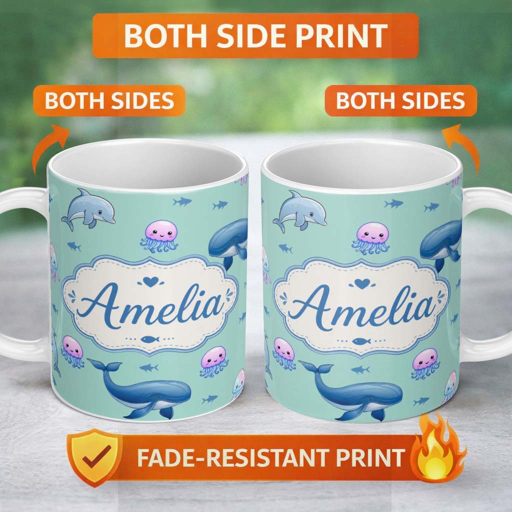 Personalized Custom Name Cute Dolphin Shark and Jellyfish Ocean Animals Mint Green Background 11oz Ceramic Coffee Tea Mug White Large Handle