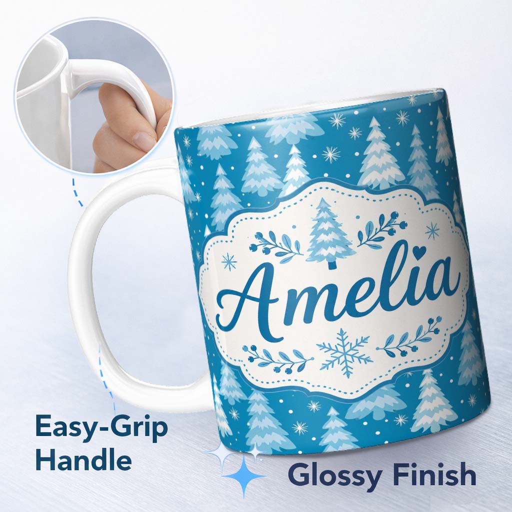 Personalized Custom Name Snowy Winter Pine Trees with Falling Snowflakes Festive Blue Lovely 11oz Ceramic Coffee Tea Mug White Large Handle