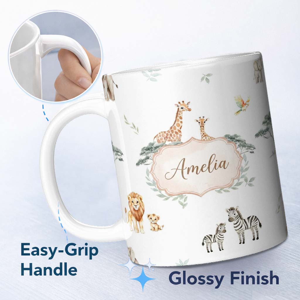 Personalized Custom Name Safari Animals Giraffe Lion Zebra on Light Grey Seamless Pattern 11oz Ceramic Coffee Tea Mug White Large Handle