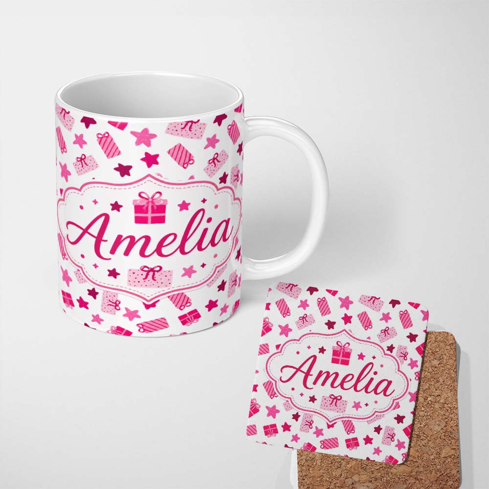 Personalized Custom Name Cute Pink Gift Box Star Festive Seamless Pattern Cute Unique Gift 11oz Ceramic Coffee Tea Mug White Large Handle