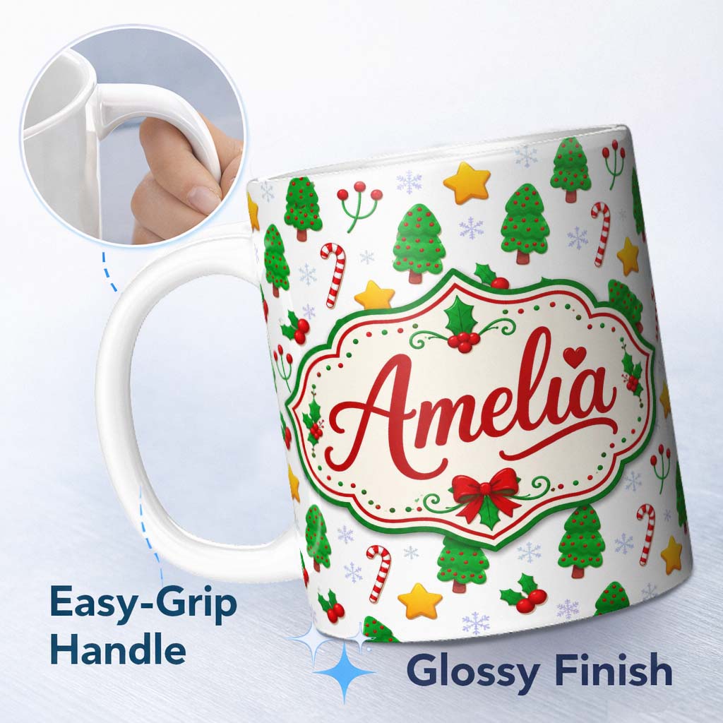Personalized Custom Name Cute Christmas Trees Stars Holly Candy Cane Seamless Pattern Lovely 11oz Ceramic Coffee Tea Mug White Large Handle