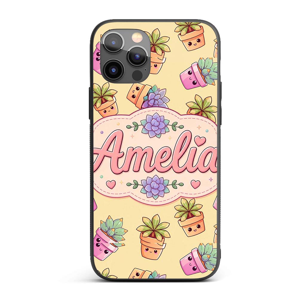 Cute Kawaii Succulent Plants Warm Printed Design Custom Name Protective Phone Case Mobile Cover Durable Everyday Smartphone Shock Resistant