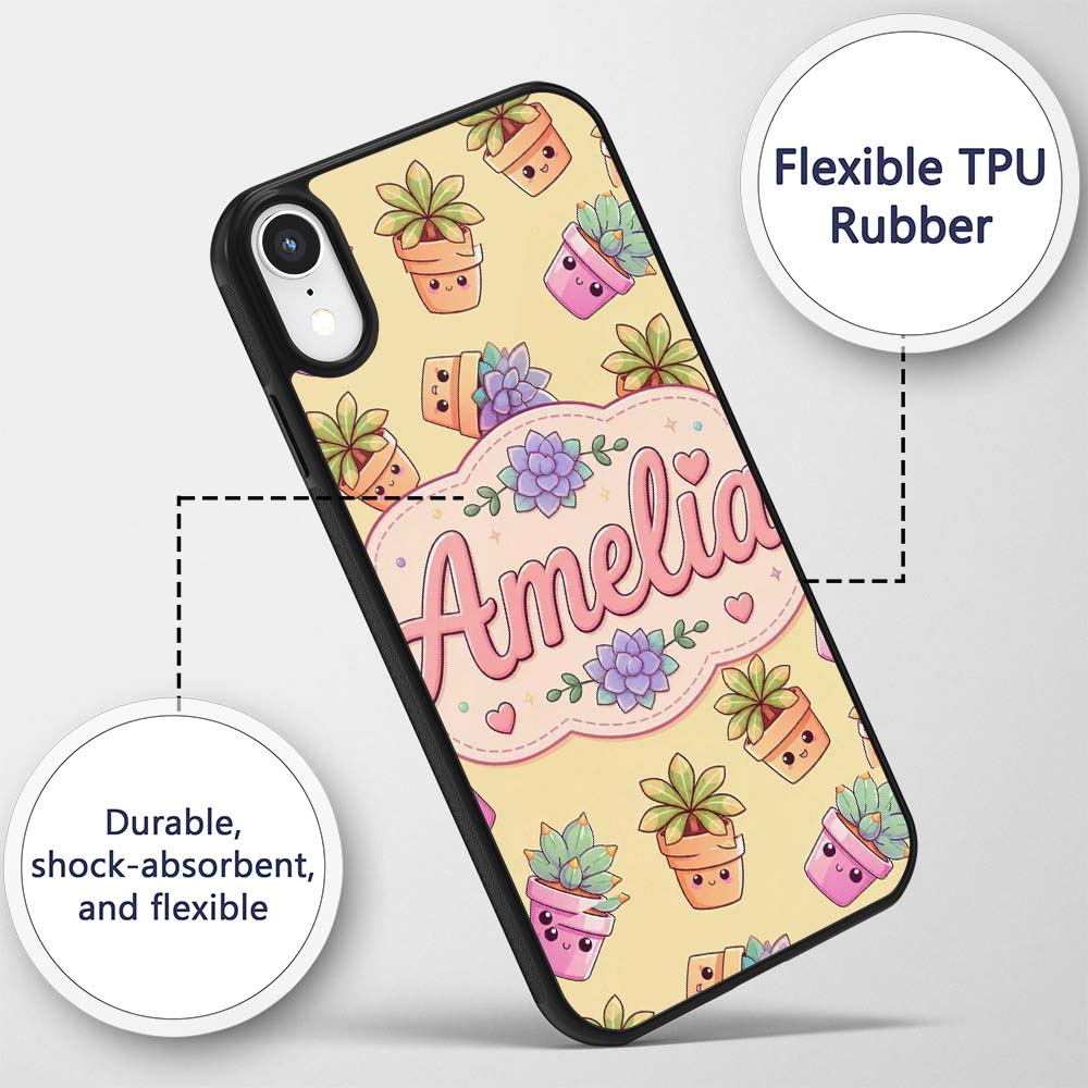 Cute Kawaii Succulent Plants Warm Printed Design Custom Name Protective Phone Case Mobile Cover Durable Everyday Smartphone Shock Resistant