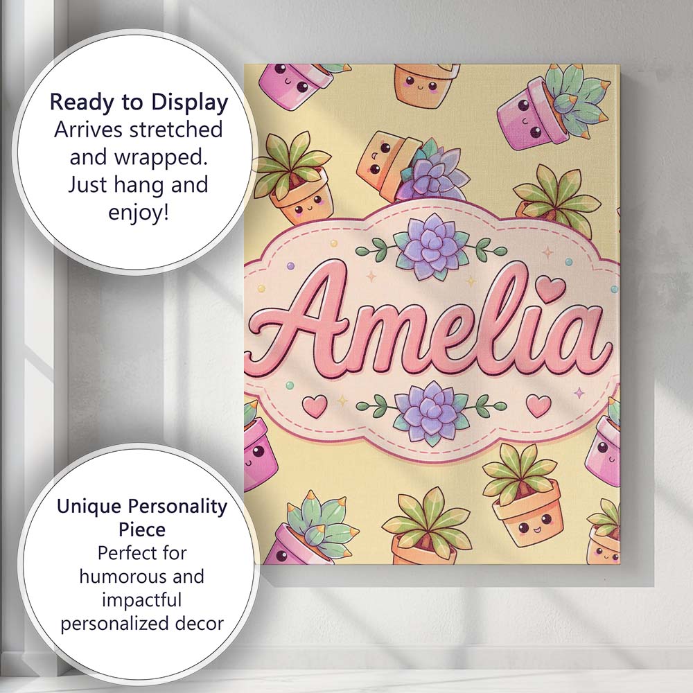 Personalised Name Cute Kawaii Succulent Custom Modern Room Accent Elegant Feature Canvas Wall Art Print Decor Picture Ready to Hang