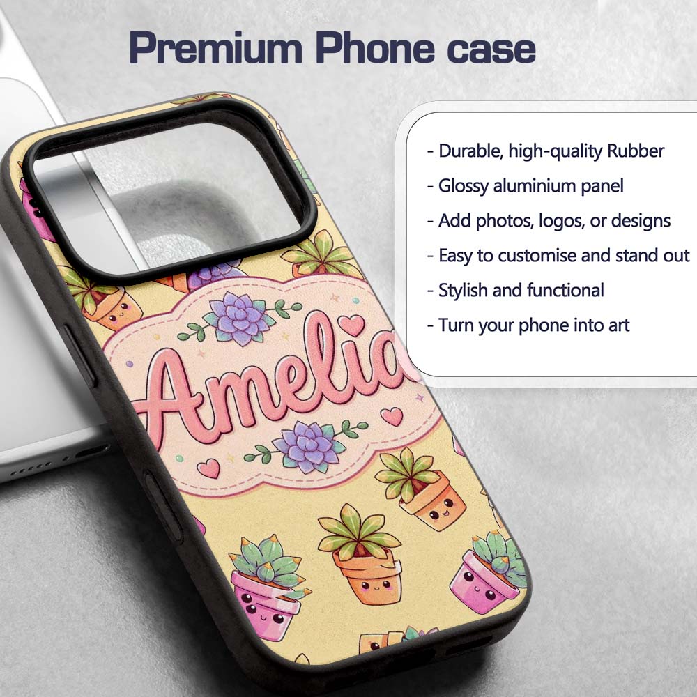Cute Kawaii Succulent Plants Warm Printed Design Custom Name Protective Phone Case Mobile Cover Durable Everyday Smartphone Shock Resistant