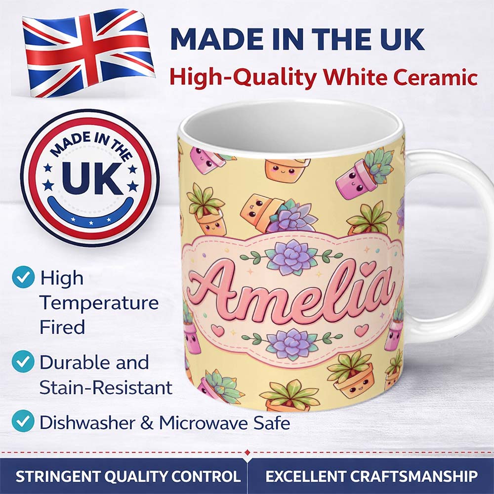 Personalized Custom Name Cute Kawaii Succulent Plants Warm Beige Background Seamless Pattern 11oz Ceramic Coffee Tea Mug White Large Handle