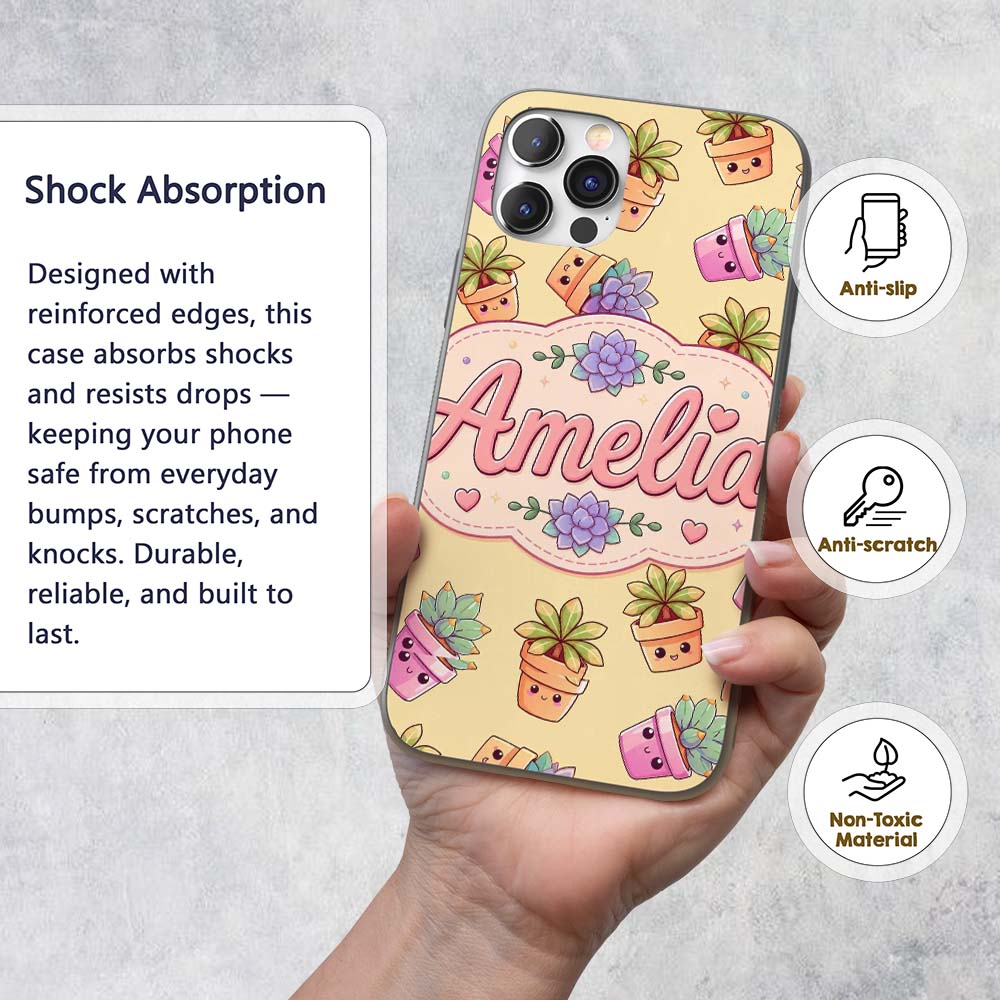 Cute Kawaii Succulent Plants Warm Printed Design Custom Name Protective Phone Case Mobile Cover Durable Everyday Smartphone Shock Resistant