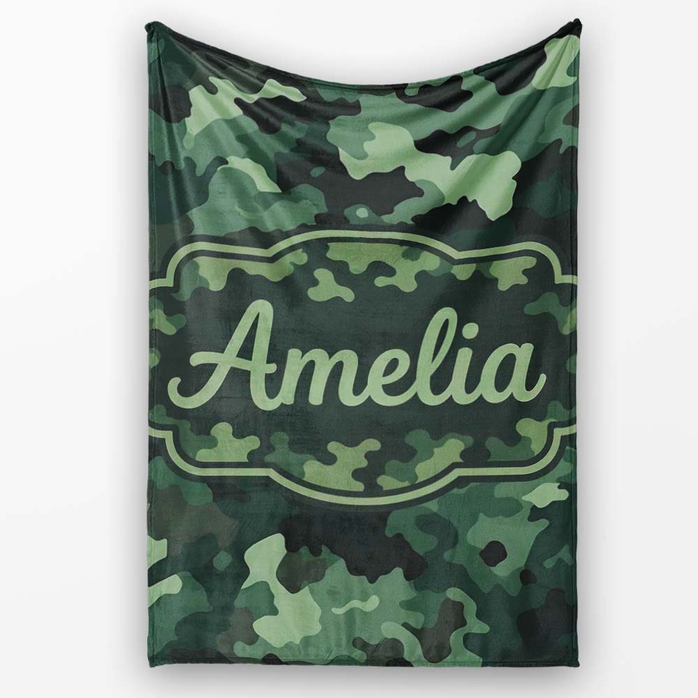 Deep Forest Green Camouflage Modern Seamless Pattern Lovely Personalised Custom Name Super Soft Fleece Blanket Bed Sofa Throw