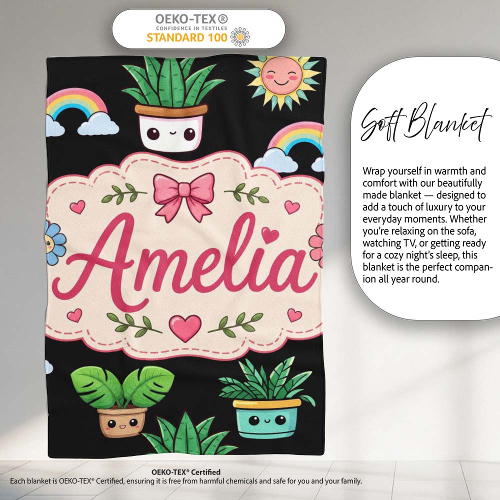 Cute Kawaii Plants Rainbows Smiling Sun Black Background Seamless Personalised Custom Name Super Soft Fleece Blanket Bed Sofa Throw