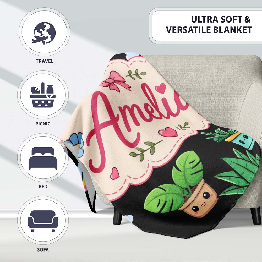 Cute Kawaii Plants Rainbows Smiling Sun Black Background Seamless Personalised Custom Name Super Soft Fleece Blanket Bed Sofa Throw