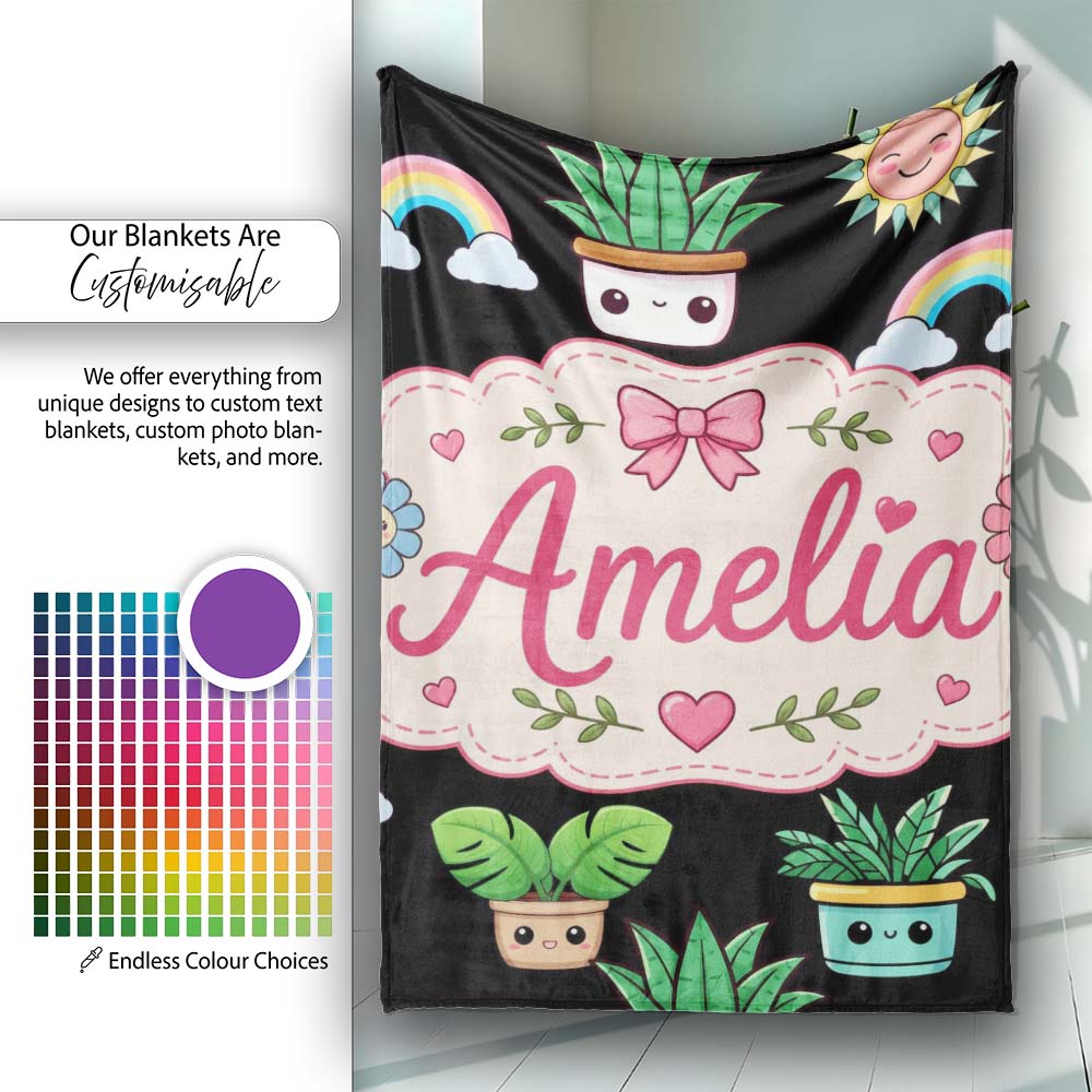 Cute Kawaii Plants Rainbows Smiling Sun Black Background Seamless Personalised Custom Name Super Soft Fleece Blanket Bed Sofa Throw