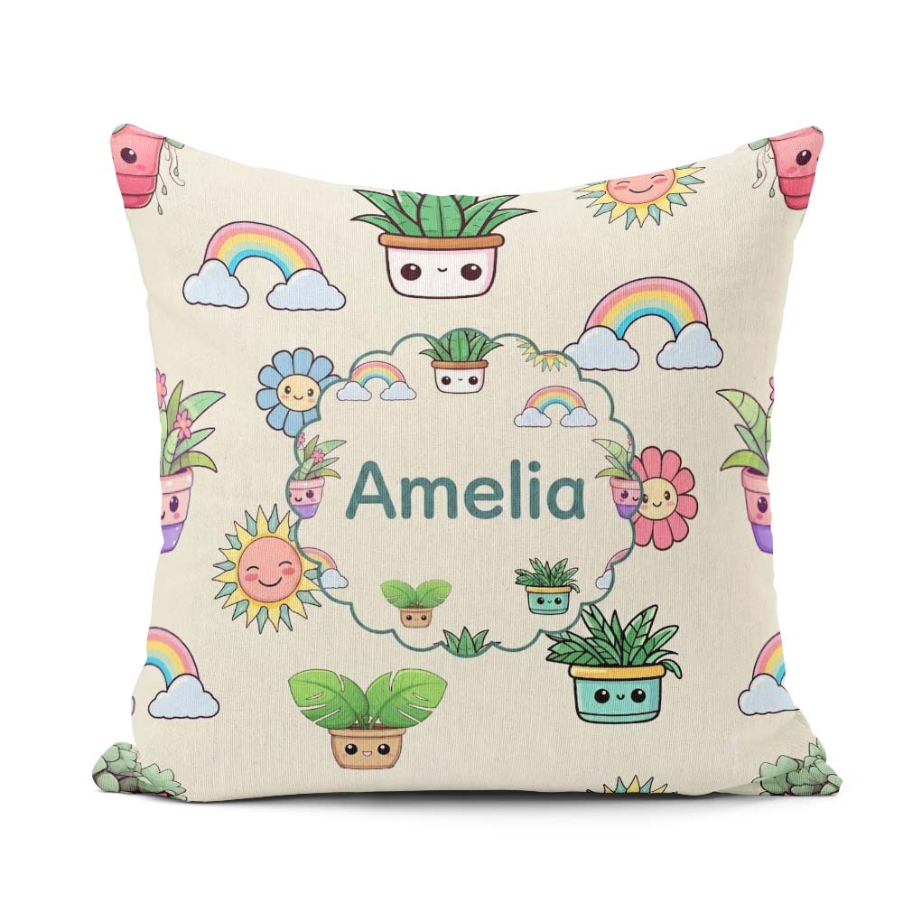 Custom Name Kawaii Plants Rainbows Sun Cream Background Seamless Square Filled Cushion Throw Pillow Sofa Bed Home Decor Zip Washable UK Made