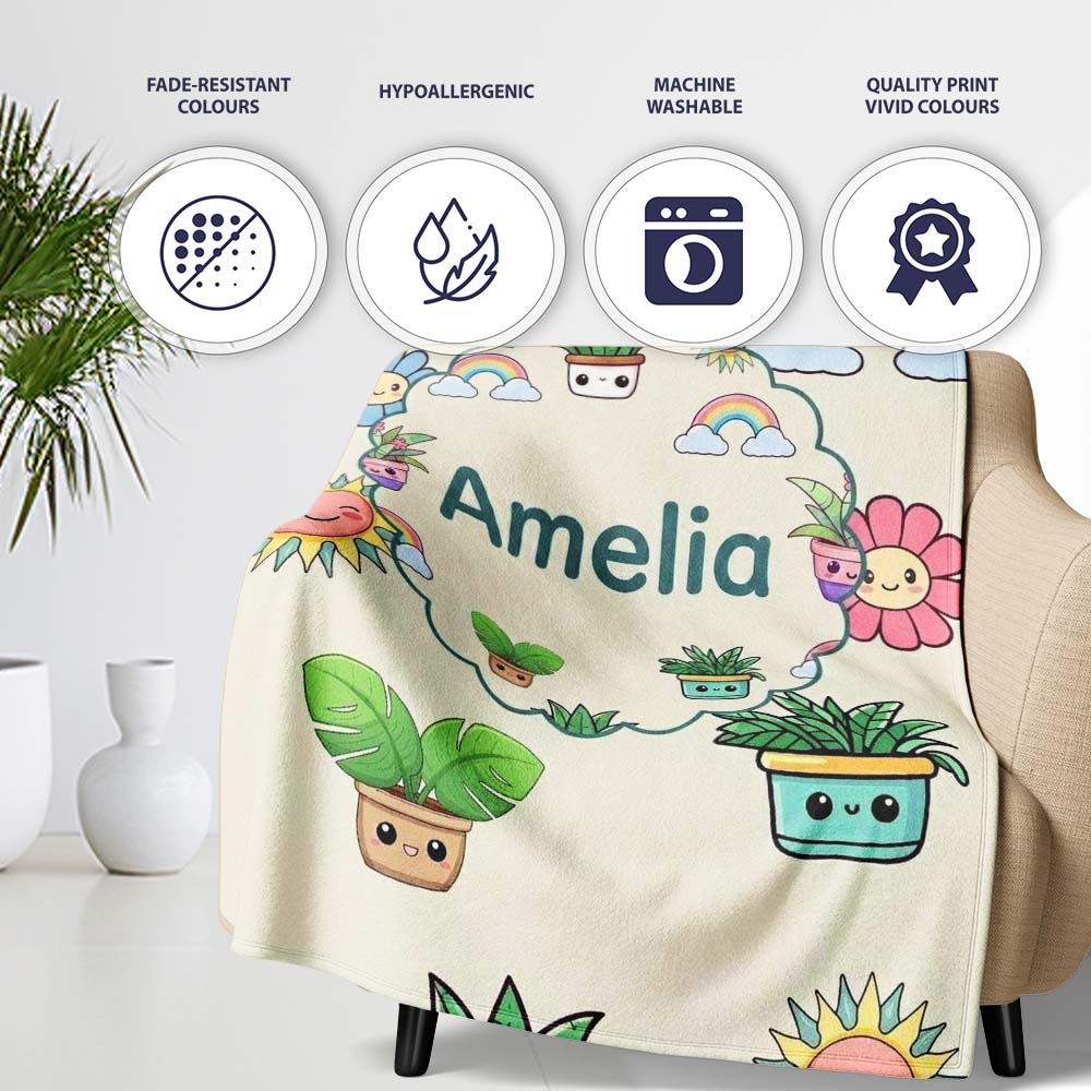 Cute Kawaii Plants Rainbows Smiling Sun Cream Background Seamless Personalised Custom Name Super Soft Fleece Blanket Bed Sofa Throw