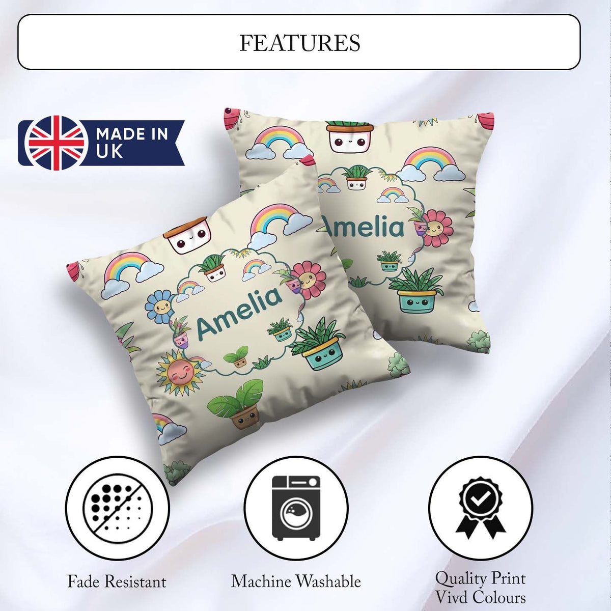 Custom Name Kawaii Plants Rainbows Sun Cream Background Seamless Square Filled Cushion Throw Pillow Sofa Bed Home Decor Zip Washable UK Made