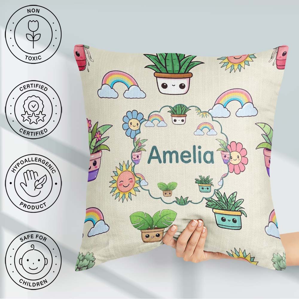 Custom Name Kawaii Plants Rainbows Sun Cream Background Seamless Square Filled Cushion Throw Pillow Sofa Bed Home Decor Zip Washable UK Made