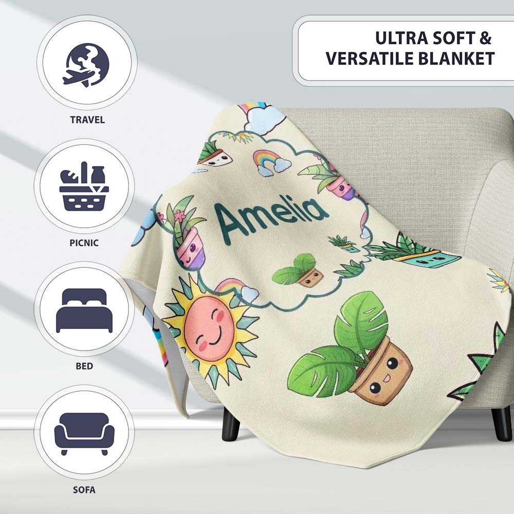 Cute Kawaii Plants Rainbows Smiling Sun Cream Background Seamless Personalised Custom Name Super Soft Fleece Blanket Bed Sofa Throw