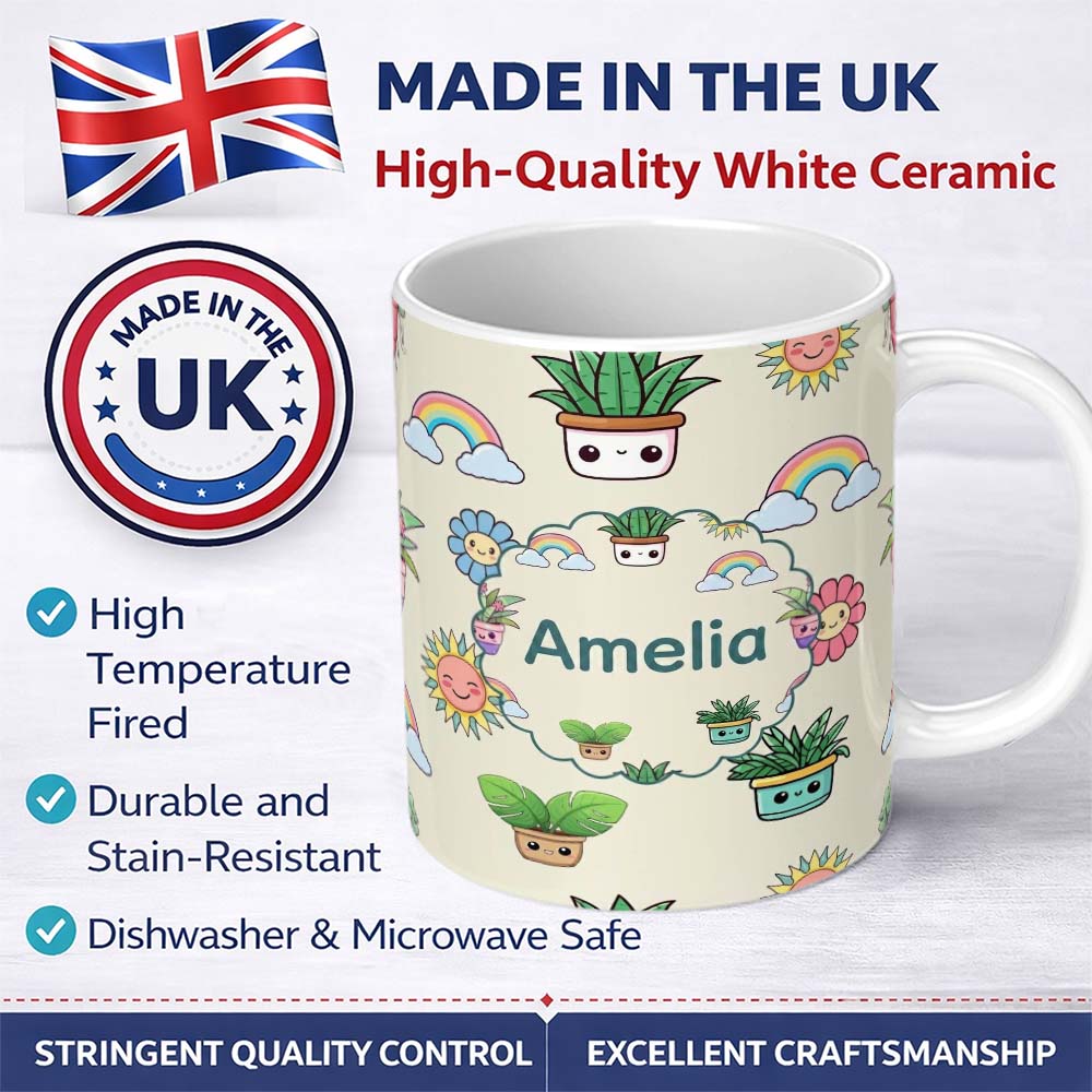 Personalized Custom Name Cute Kawaii Plants Rainbows Smiling Sun Cream Background Seamless 11oz Ceramic Coffee Tea Mug White Large Handle