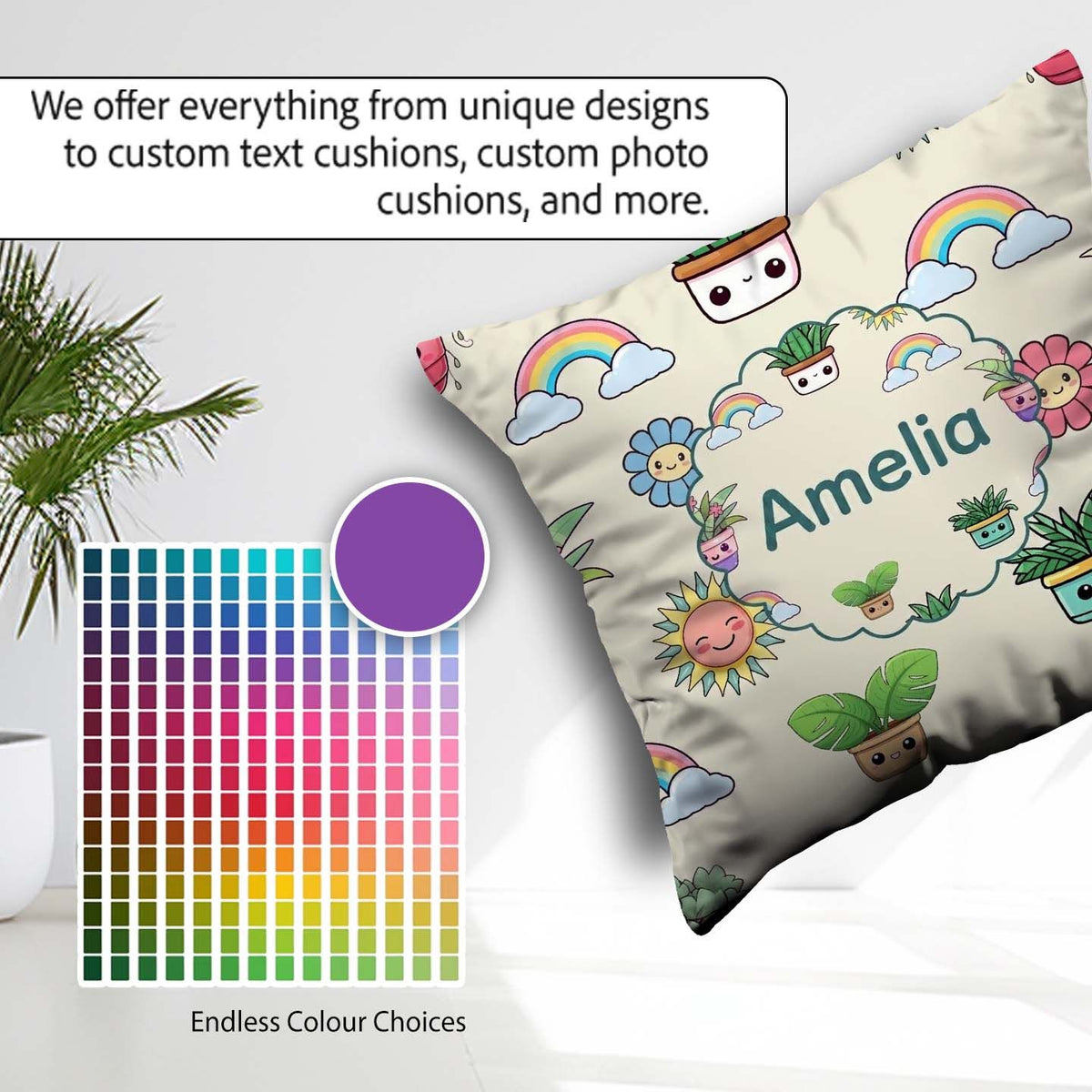 Custom Name Kawaii Plants Rainbows Sun Cream Background Seamless Square Filled Cushion Throw Pillow Sofa Bed Home Decor Zip Washable UK Made