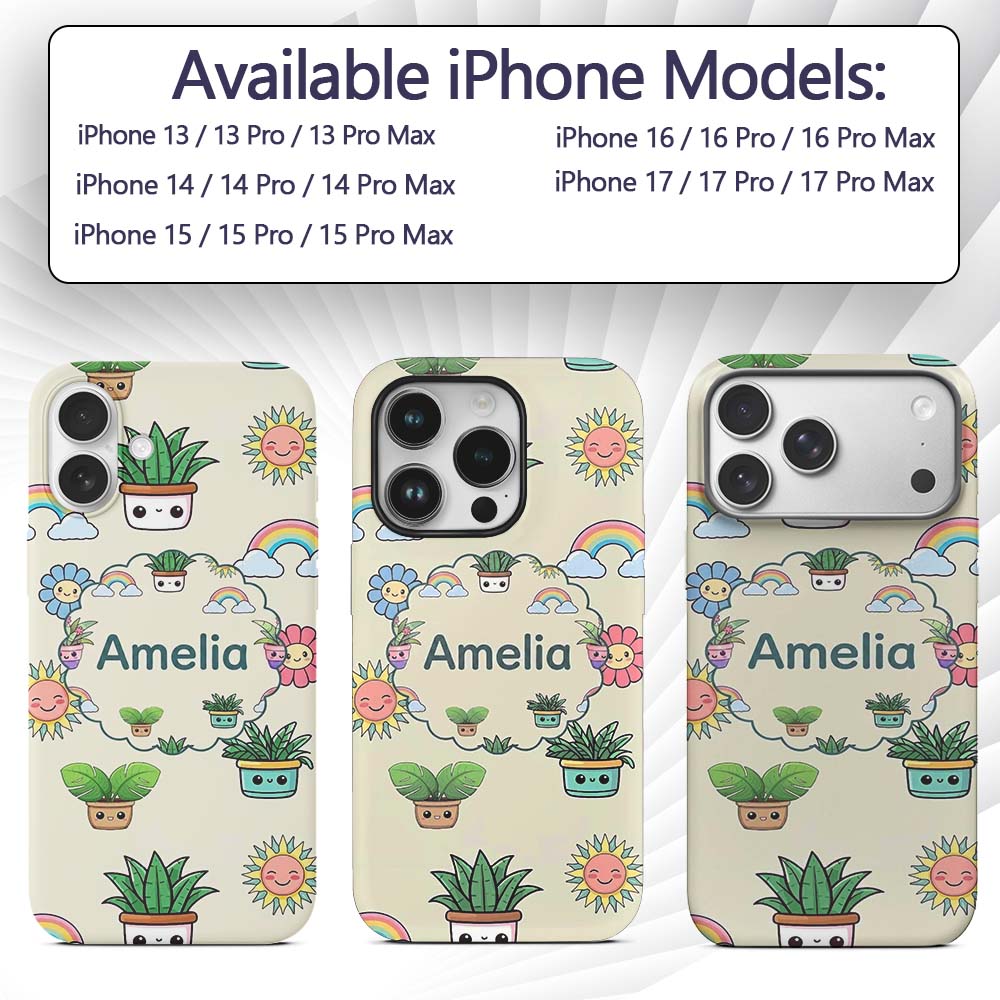Cute Kawaii Plants Rainbows Smiling Sun Cream Custom Name Protective Phone Case Mobile Cover Durable Everyday Smartphone Shock Resistant