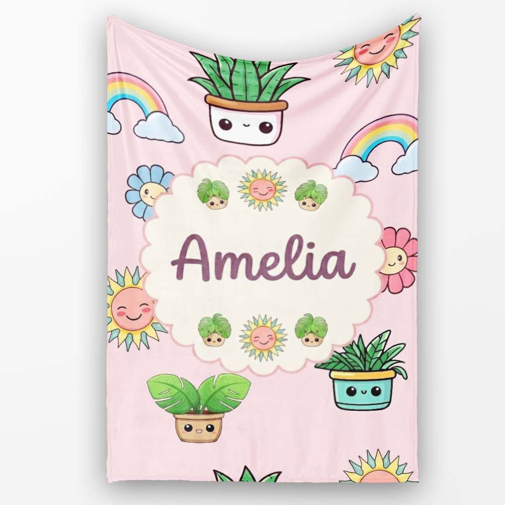 Cute Kawaii Plants Rainbows Smiling Sun Pink Background Seamless Personalised Custom Name Super Soft Fleece Blanket Bed Sofa Throw
