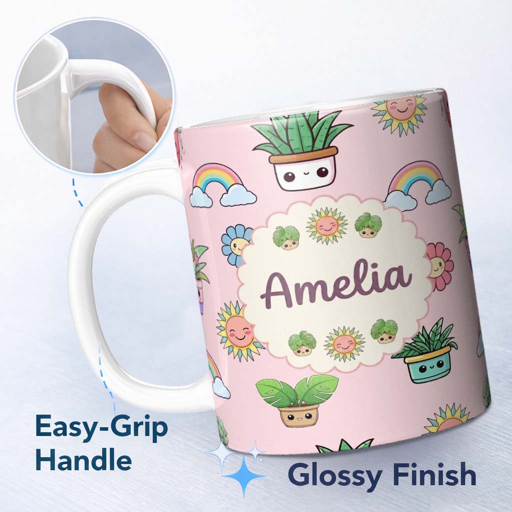 Personalized Custom Name Cute Kawaii Plants Rainbows Smiling Sun Pink Background Seamless 11oz Ceramic Coffee Tea Mug White Large Handle