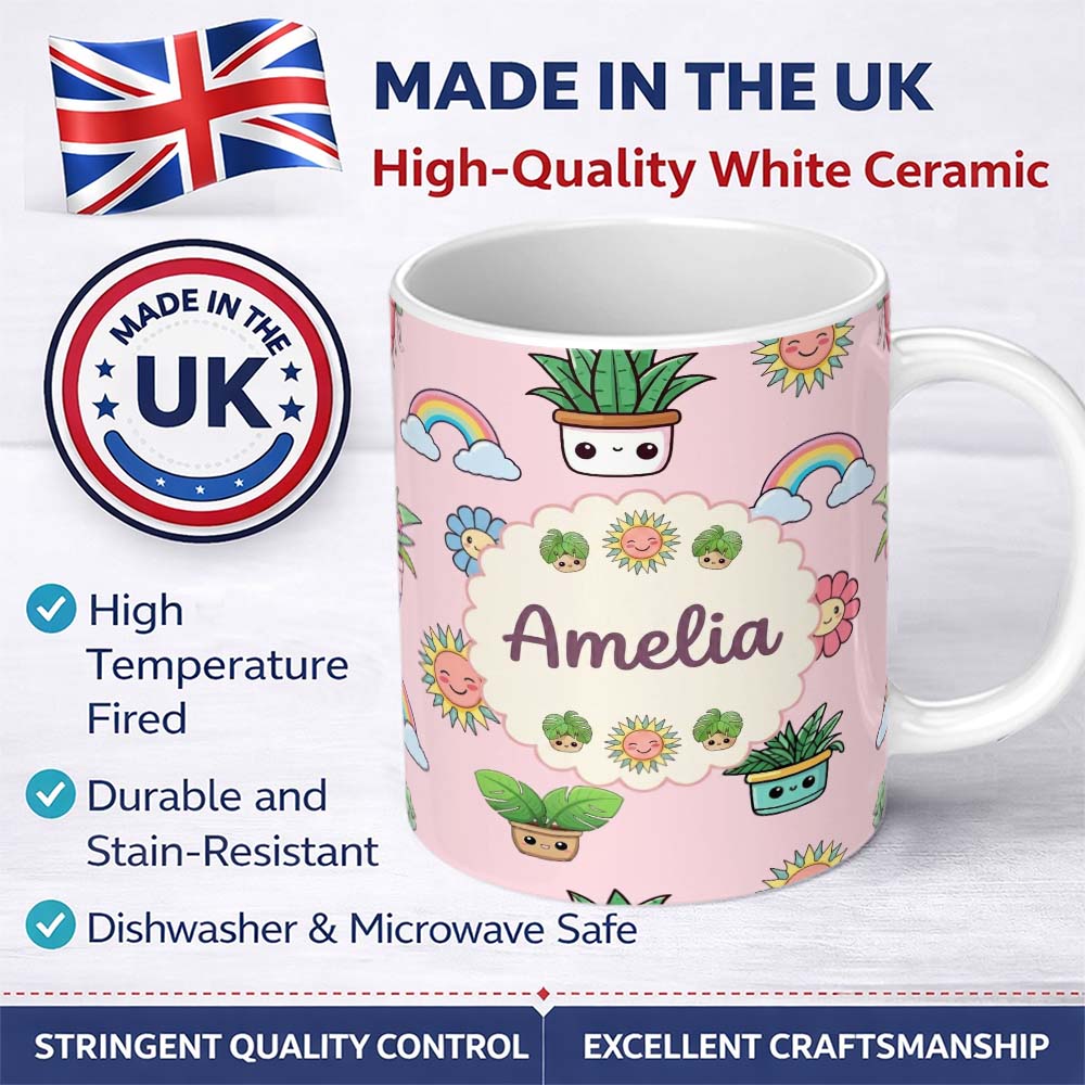 Personalized Custom Name Cute Kawaii Plants Rainbows Smiling Sun Pink Background Seamless 11oz Ceramic Coffee Tea Mug White Large Handle
