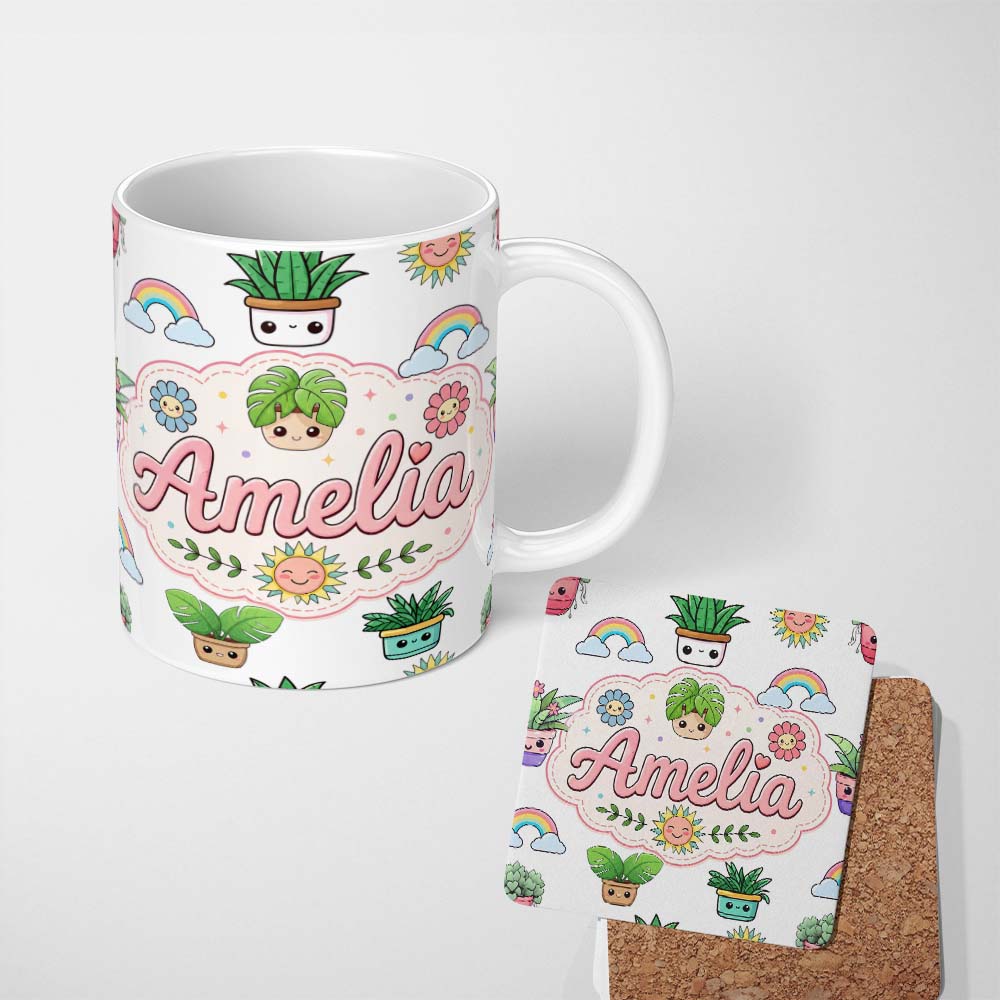 Personalized Custom Name Cute Kawaii Plants Rainbows Smiling Sun Light Grey Background 11oz Ceramic Coffee Tea Mug White Large Handle
