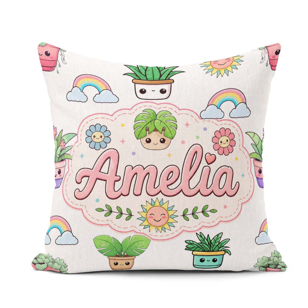 Custom Name Cute Kawaii Plants Smiling Sun Light Grey Background Square Filled Cushion Throw Pillow Sofa Bed Home Decor Zip Washable UK Made