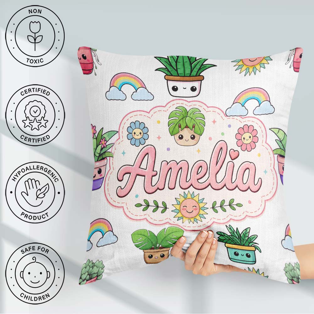 Custom Name Cute Kawaii Plants Smiling Sun Light Grey Background Square Filled Cushion Throw Pillow Sofa Bed Home Decor Zip Washable UK Made