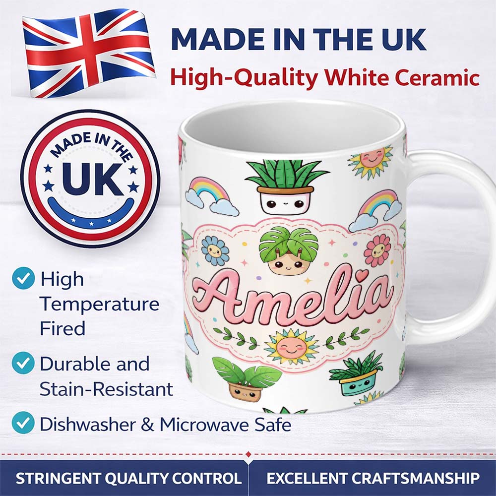 Personalized Custom Name Cute Kawaii Plants Rainbows Smiling Sun Light Grey Background 11oz Ceramic Coffee Tea Mug White Large Handle