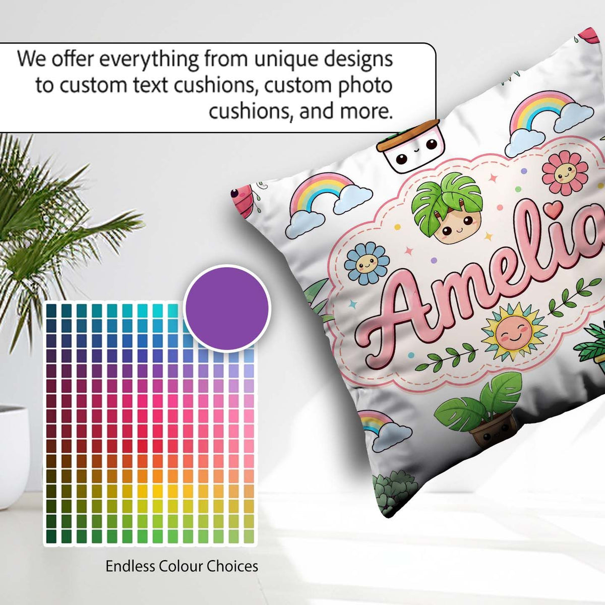 Custom Name Cute Kawaii Plants Smiling Sun Light Grey Background Square Filled Cushion Throw Pillow Sofa Bed Home Decor Zip Washable UK Made