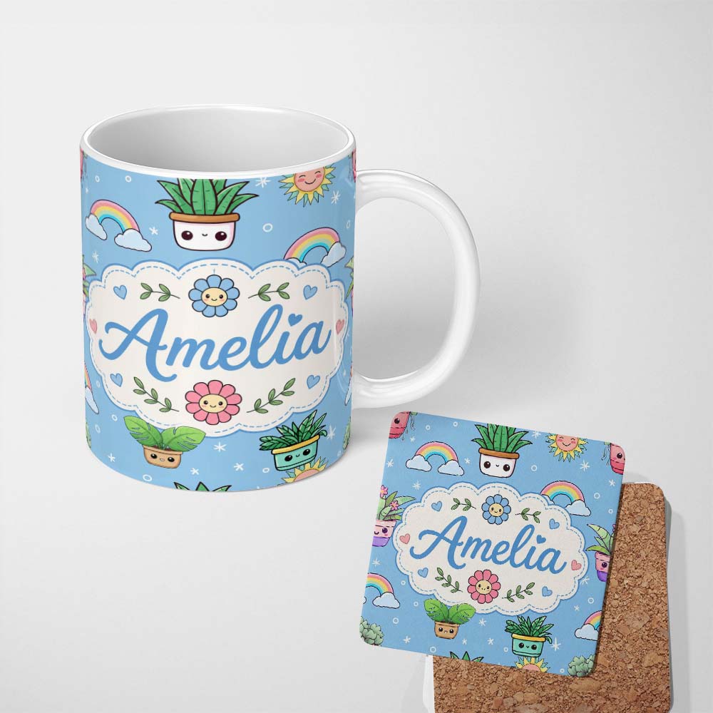 Personalized Custom Name Cute Kawaii Plants Rainbows Smiling Sun Blue Starry Background 11oz Ceramic Coffee Tea Mug White Large Handle