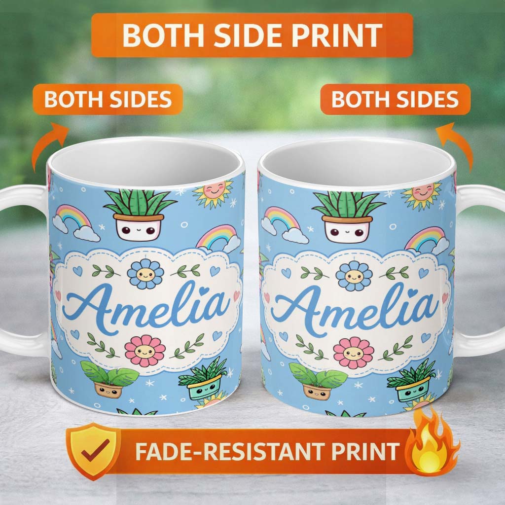 Personalized Custom Name Cute Kawaii Plants Rainbows Smiling Sun Blue Starry Background 11oz Ceramic Coffee Tea Mug White Large Handle