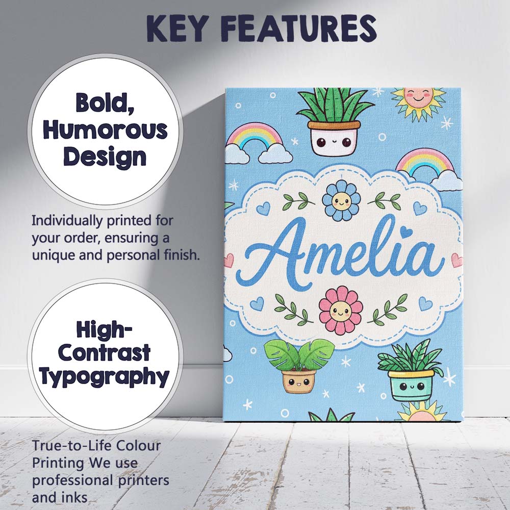 Personalised Name Cute Kawaii Plants Custom Premium Decorative Design Modern Room Accent Canvas Wall Art Print Decor Picture Ready to Hang