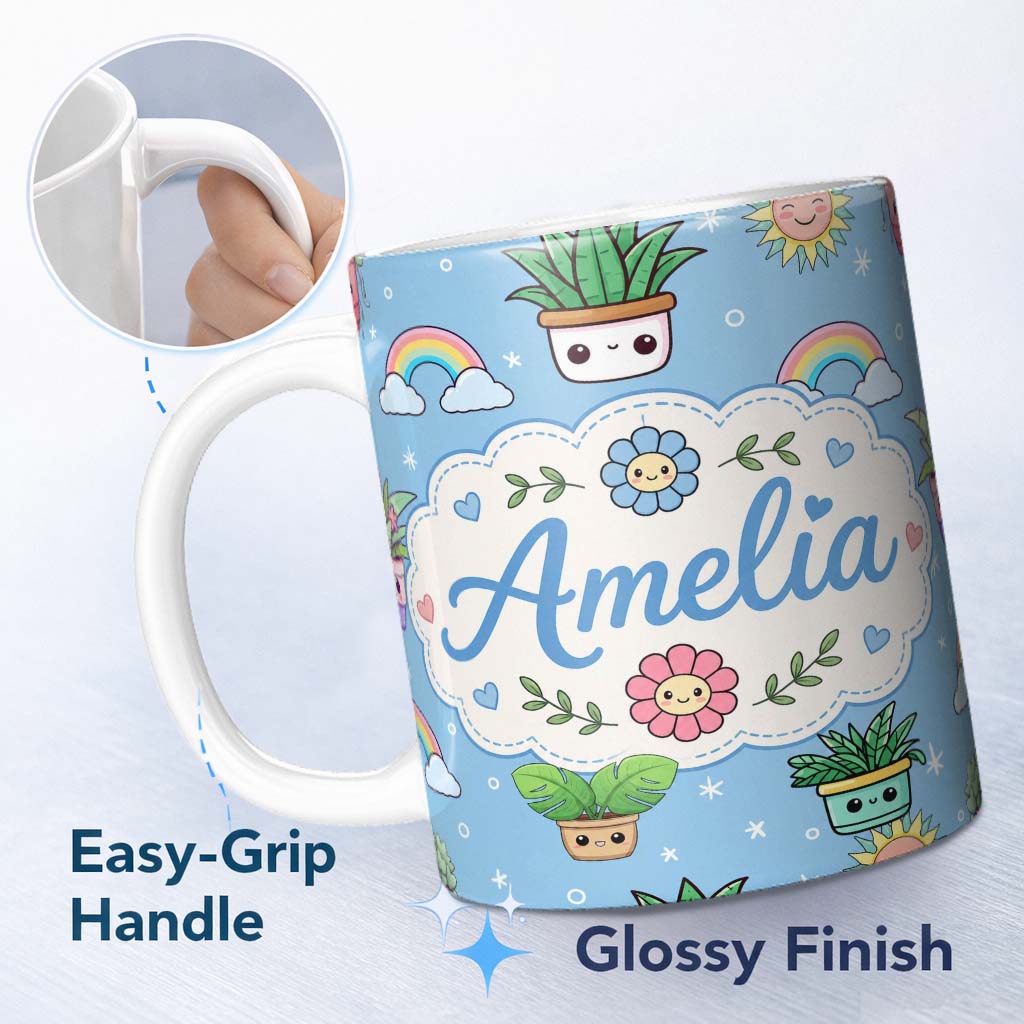 Personalized Custom Name Cute Kawaii Plants Rainbows Smiling Sun Blue Starry Background 11oz Ceramic Coffee Tea Mug White Large Handle
