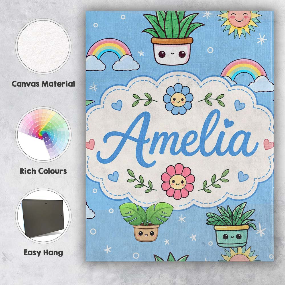 Personalised Name Cute Kawaii Plants Custom Premium Decorative Design Modern Room Accent Canvas Wall Art Print Decor Picture Ready to Hang