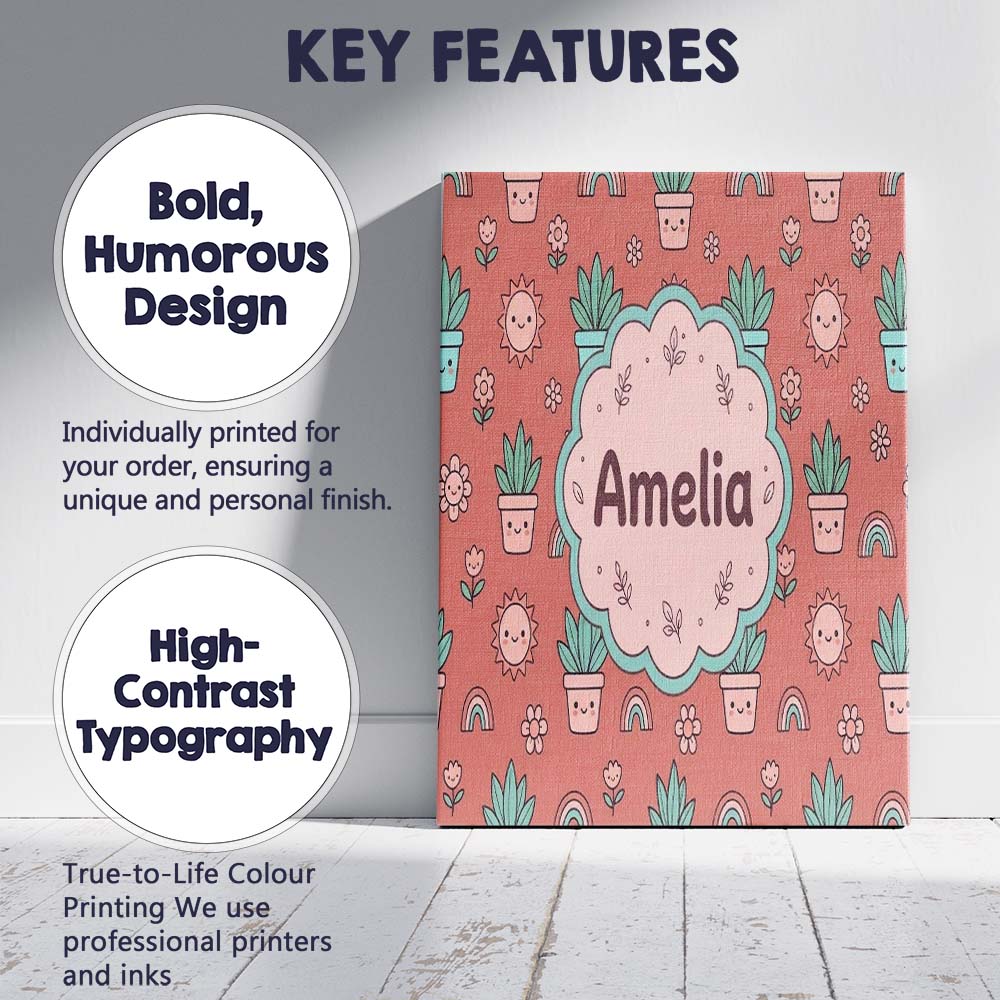 Personalised Name Cute Kawaii Plants Custom Premium Decorative Design Modern Room Accent Canvas Wall Art Print Decor Picture Ready to Hang