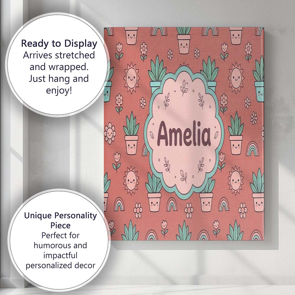 Personalised Name Cute Kawaii Plants Custom Premium Decorative Design Modern Room Accent Canvas Wall Art Print Decor Picture Ready to Hang