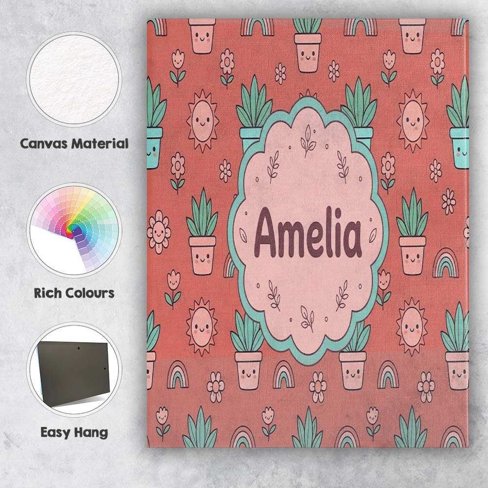 Personalised Name Cute Kawaii Plants Custom Premium Decorative Design Modern Room Accent Canvas Wall Art Print Decor Picture Ready to Hang