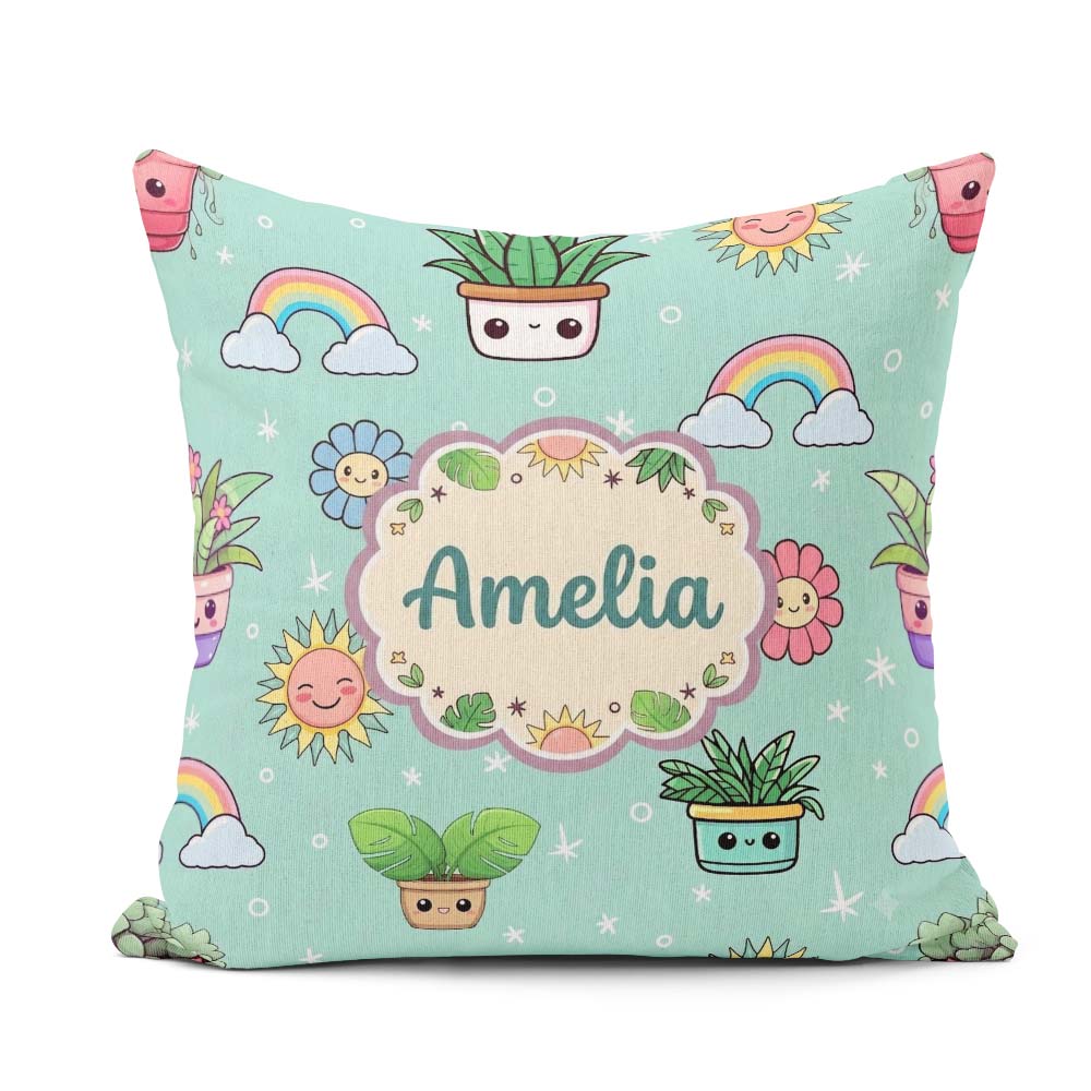 Custom Name Kawaii Rainbows Smiling Sun Mint Background Seamless Square Filled Cushion Throw Pillow Sofa Bed Home Decor Zip Washable UK Made