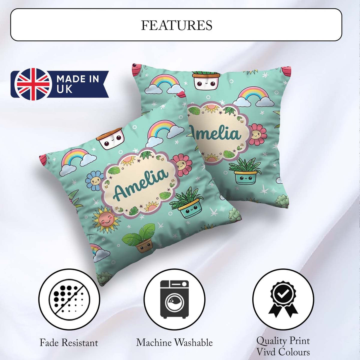 Custom Name Kawaii Rainbows Smiling Sun Mint Background Seamless Square Filled Cushion Throw Pillow Sofa Bed Home Decor Zip Washable UK Made