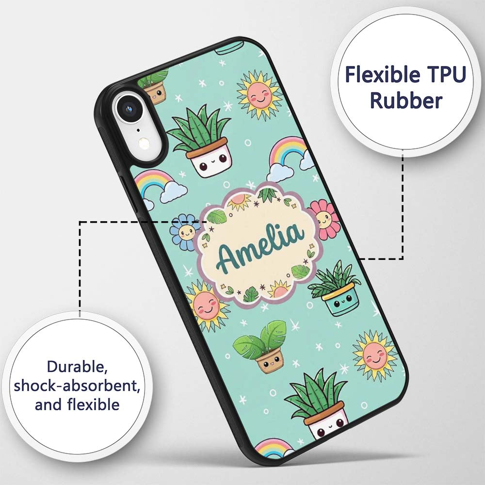 Cute Kawaii Plants Rainbows Smiling Sun Mint Custom Name Protective Phone Case Mobile Cover Durable Everyday Smartphone Shock Resistant