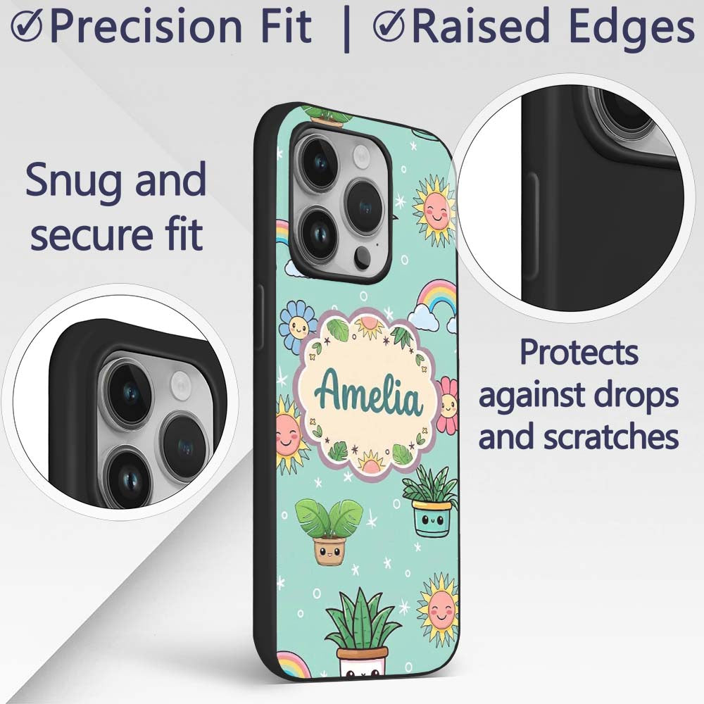 Cute Kawaii Plants Rainbows Smiling Sun Mint Custom Name Protective Phone Case Mobile Cover Durable Everyday Smartphone Shock Resistant